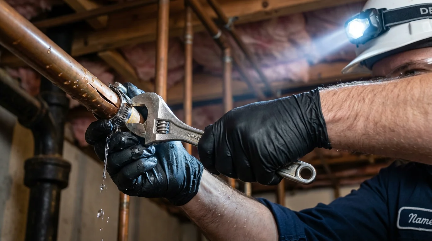 Emergency pipe clamp repair being performed by a Johns Plumbing LLC plumber in Poughkeepsie