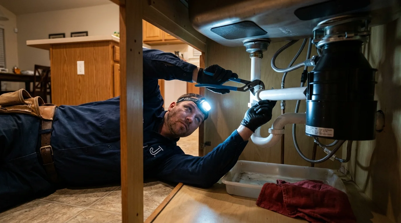 P-trap and supply line connections under a kitchen sink showing a common leak point in Poughkeepsie, NY